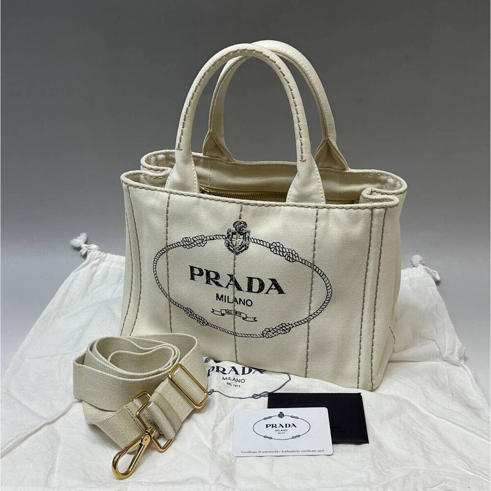 Prada Canapa canvas tote bag wide shoulder strap white